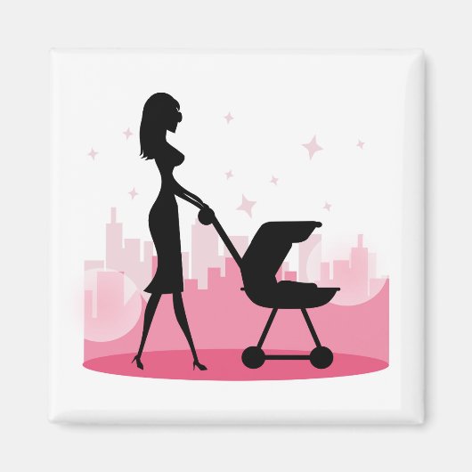 Fashionable Mammie Pushing Baby Carriage Magneet (Voorkant)