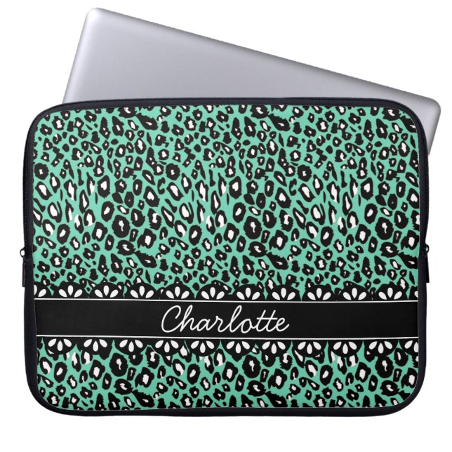 Fashionable Mint Leopard Print and Lace Laptop Sleeve (Voorkant)