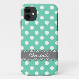 Fashionable Mint Polka Dots and Grey Lace iPhone 11 Hoesje