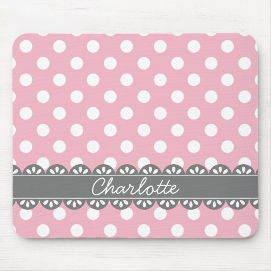Fashionable Pink Polka Dots and Grey Lace Muismat (Voorkant)