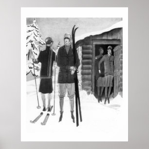 Fashionable Women on Ski Trip BW uit de jaren twin Poster