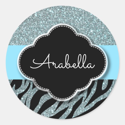 Fashionable Zebra Pattern Blue Black Silver Name Ronde Sticker (Voorkant)
