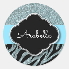 Fashionable Zebra Pattern Blue Black Silver Name Ronde Sticker