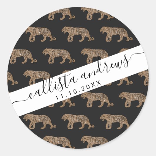 Fashionista Gold Black Glitter Tiger Pattern Ronde Sticker (Voorkant)