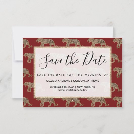 Fashionista Gold Black Red Glitter Tiger Pattern Save The Date (Voorkant)