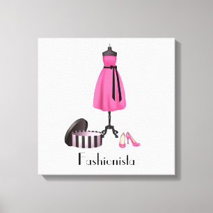 Fashionista - Roze dress en Shoes op Canvas Afdruk