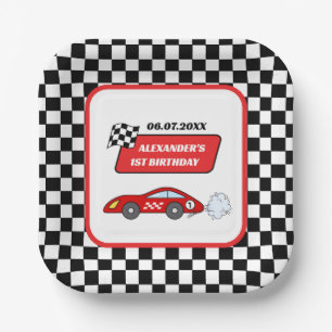 Fast een rode raceauto racejongen 1e verjaardag papieren bordje