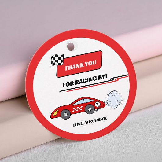 Fast een rode retro race auto thema jongen verjaar bedankjes labels
