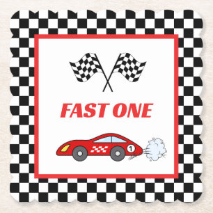 Fast een rode retro race auto thema jongen verjaar kartonnen onderzetters