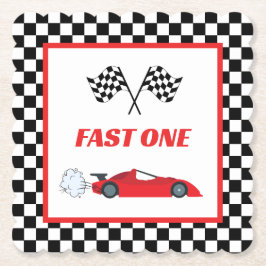 Fast een rode retro race auto thema jongen verjaar kartonnen onderzetters