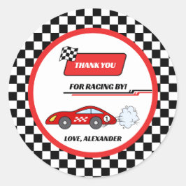 Fast een rode retro race auto thema jongen verjaar ronde sticker