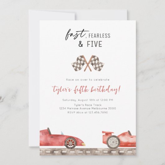 Fast Fearless & Five Racing Car 5th Birthday Party Kaart (Voorkant)
