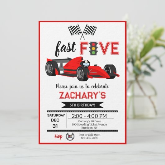 Fast & Five Red Flame Race Car 5th Birthday Party Kaart (Staand voorkant)