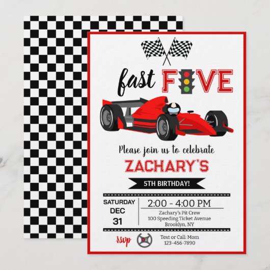 Fast & Five Red Flame Race Car 5th Birthday Party Kaart (Voorkant / Achterkant)