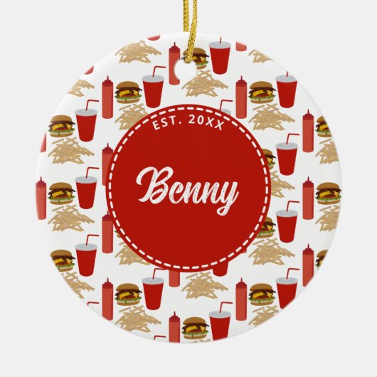Fast Food Burger Fries Patroon Monogram Keramisch Ornament (Voorkant)