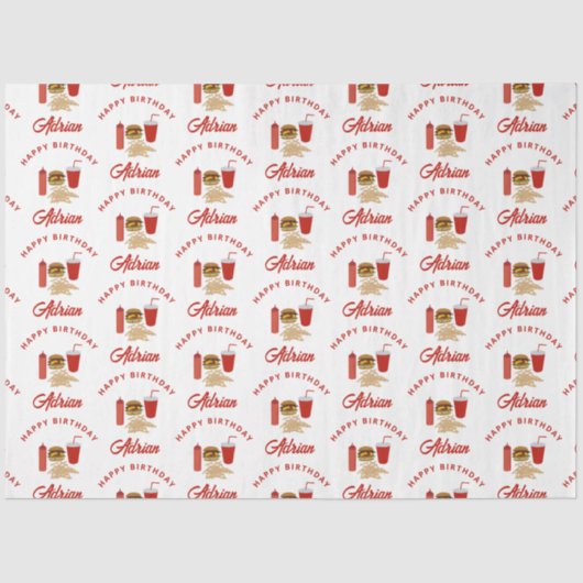 Fast Food Burger Fries Patroon Verjaardagsnaam Tissuepapier (Voorkant)