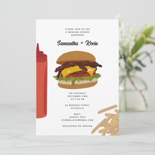 Fast Food Burger Fries Trouwdouche Kaart (Staand voorkant)