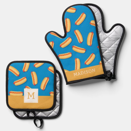 Fast Food Hotdogs Patroon Ovenwant & Pannenlap Set (Voorkant / Achterkant)