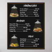 Fast Food Menu Sandwiches | Hotdogs | Tacos Zwart Poster (Voorkant)