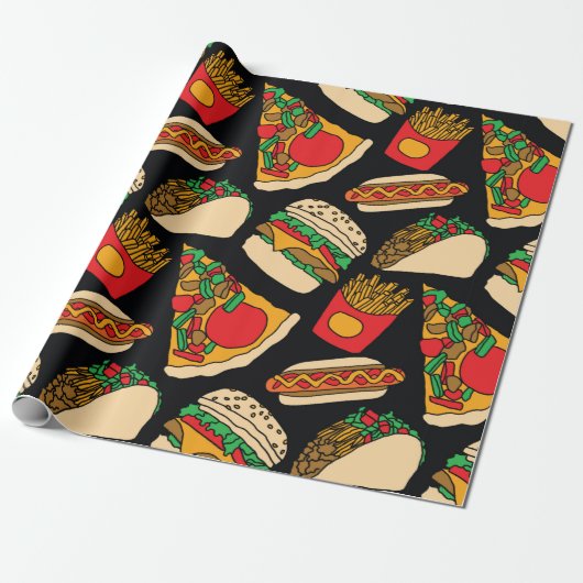 fast food pizza burger hotdog franse friet tacos cadeaupapier (Uitgerold)