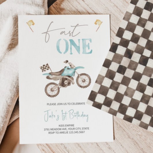 Fast ONE Baby Blue Dirt Bike Verjaardag uitnodigin Kaart
