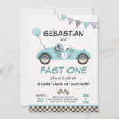 Fast One Birthday Party Blue Race Car 1st Birthday Kaart (Voorkant)