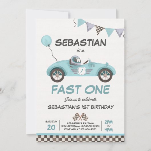 Fast One Birthday Party Blue Race Car 1st Birthday Kaart (Voorkant)