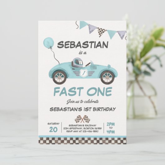 Fast One Birthday Party Blue Race Car 1st Birthday Kaart (Staand voorkant)