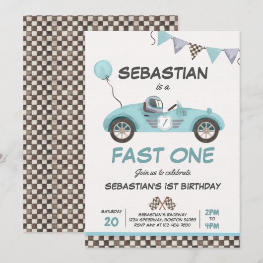Fast One Birthday Party Blue Race Car 1st Birthday Kaart (Voorkant / Achterkant)