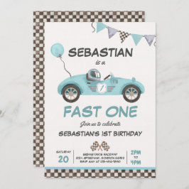 Fast One Birthday Party Blue Race Car 1st Birthday Kaart