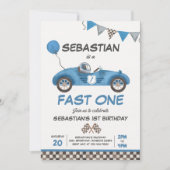 Fast One Birthday Party Blue Race Car 1st Birthday Kaart (Voorkant)