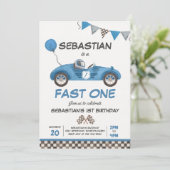 Fast One Birthday Party Blue Race Car 1st Birthday Kaart (Staand voorkant)