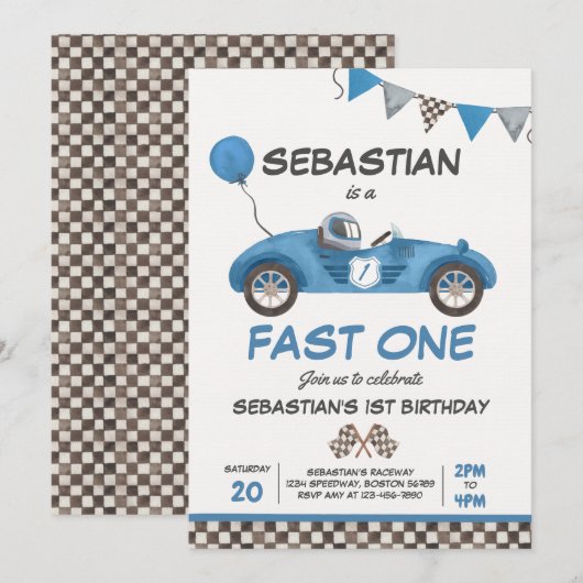 Fast One Birthday Party Blue Race Car 1st Birthday Kaart (Voorkant / Achterkant)
