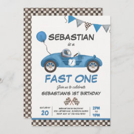 Fast One Birthday Party Blue Race Car 1st Birthday Kaart