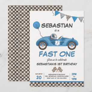 Fast One Birthday Party Blue Race Car 1st Birthday Kaart