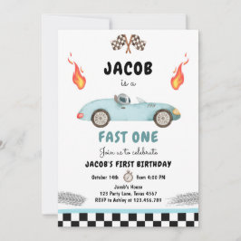 Fast One Birthday Party Race Blue 1st Birthday Kaart