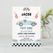 Fast One Birthday Party Race Blue 1st Birthday Kaart (Staand voorkant)