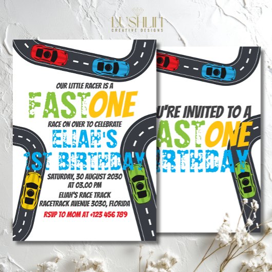 Fast One Birthday Race Car Track Party Kaart