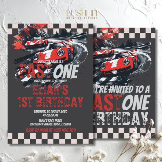 Fast One Birthday Race Car Track Party Rood Kaart