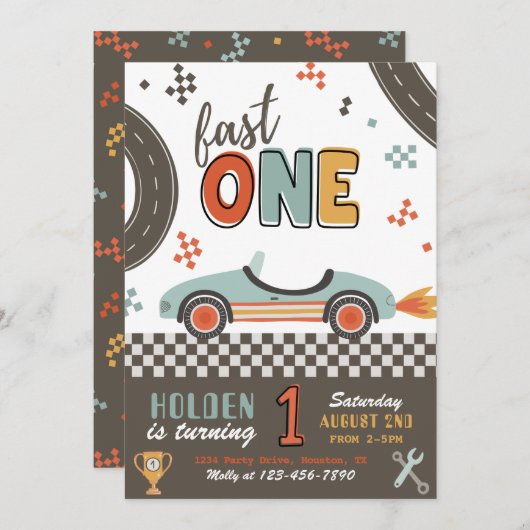 Fast ONE Birthday-uitnodiging | Uitnodiging tot ra (Voorkant / Achterkant)