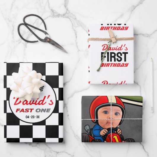 Fast ONE | Black White Race Car Flags Birthday  Inpakpapier Vel (Voorkant)