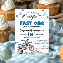 Fast One Blue Dirt Bike Birthday Party Invitation Kaart