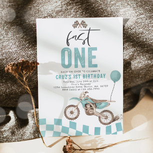 Fast One Blue Dirt Bike Boy 1e verjaardagsfeestje Kaart