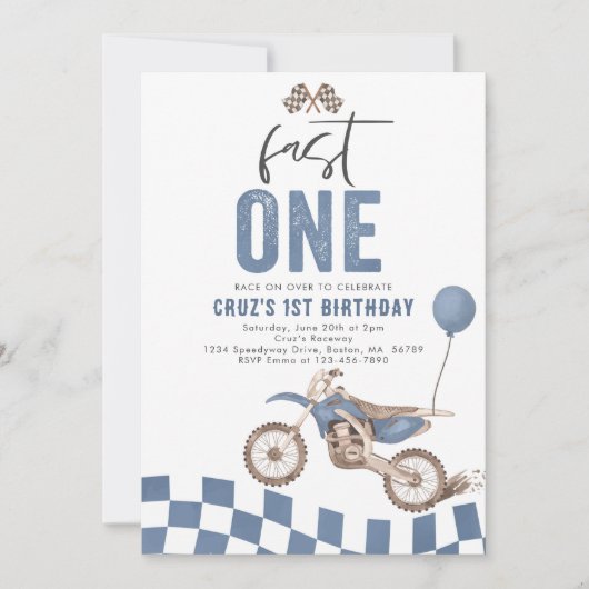 Fast One Blue Dirt Bike Boy 1e verjaardagsfeestje Kaart (Voorkant)