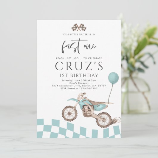 Fast One Blue Dirt Bike Boy 1e verjaardagsfeestje Kaart (Staand voorkant)