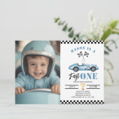 Fast One Blue Photo Race Car Boy 1e verjaardag Kaart (Staand voorkant)