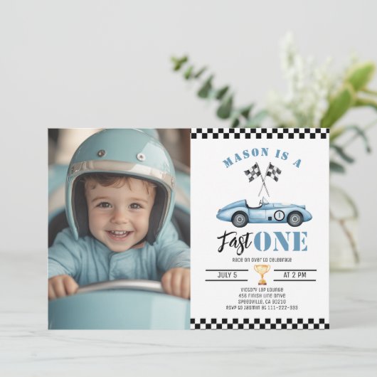 Fast One Blue Photo Race Car Boy 1e verjaardag Kaart (Staand voorkant)