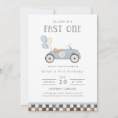 Fast One Blue Race Auto & Ballonnen 1e verjaardag Kaart (Voorkant)