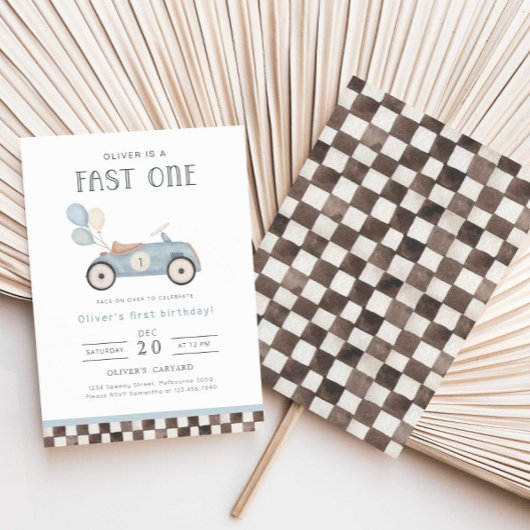 Fast One Blue Race Auto & Ballonnen 1e verjaardag Kaart