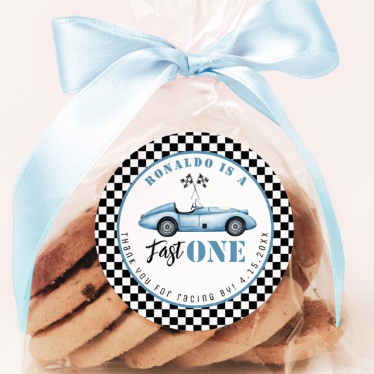 Fast One Blue race auto Boy Verjaardag Bedankt Ronde Sticker